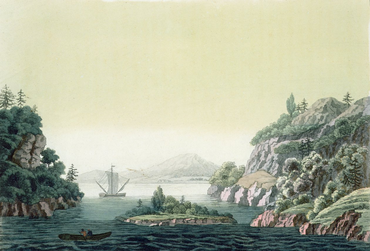 Widok na rzekę Potomac w pobliżu Mount Vernon (kolorowy grawerunek) autorstwa Paolo Fumagalli