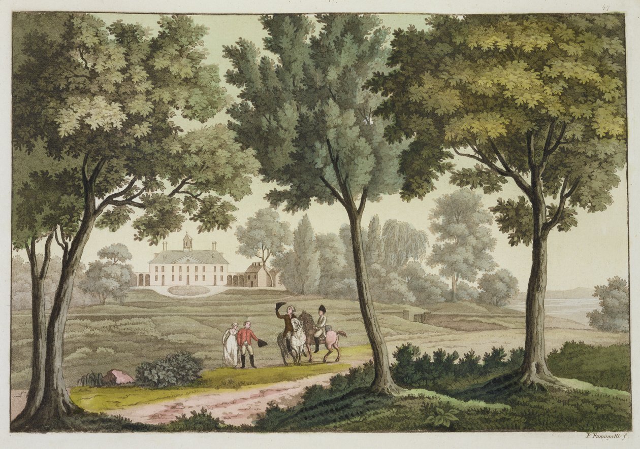 Dom Waszyngtona w Mount Vernon, z „Le Costume Ancien et Moderne”, tablica 39, Jules Ferrario, wydany ok. 1820-30 (kolor grawerowany) autorstwa Paolo Fumagalli