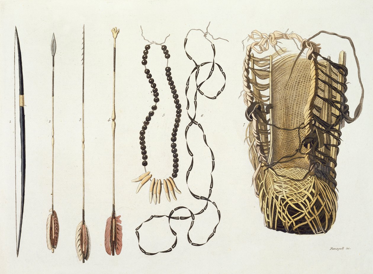 Broń, narzędzia i biżuteria plemion Puri i Botocudos, regionu Rio Grande, Paragwaju i Brazylii, z „Le Costume Ancien et Moderne”, tom II, płyta 43, autorstwa Julesa Ferrario, wydana ok. 1820-30 (c. autorstwa Paolo Fumagalli