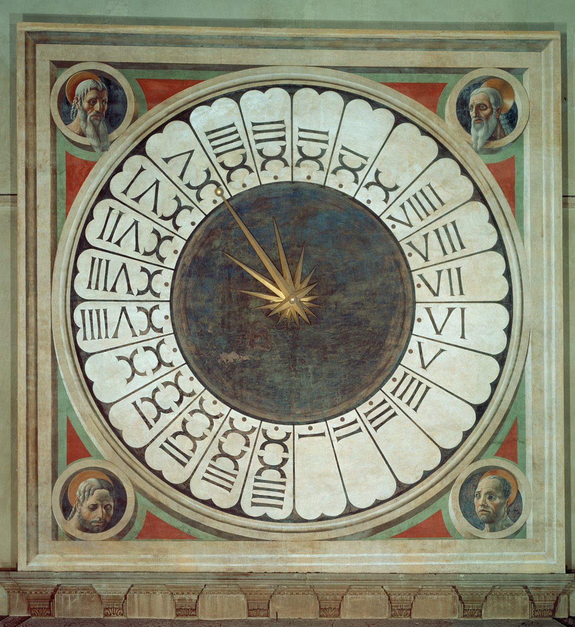 Zegar kanoniczny z głowami czterech proroków, ukończony 1443 autorstwa Paolo Uccello