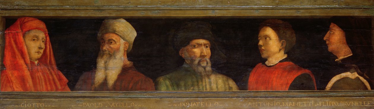 Portrety Giotta (ok. 1266-1337) Uccello, Donatello (ok. 1386-1466) Manettiego (ok. 1405-60) i Brunelleschiego (1377-1446) (tempera na panelu) autorstwa Paolo Uccello