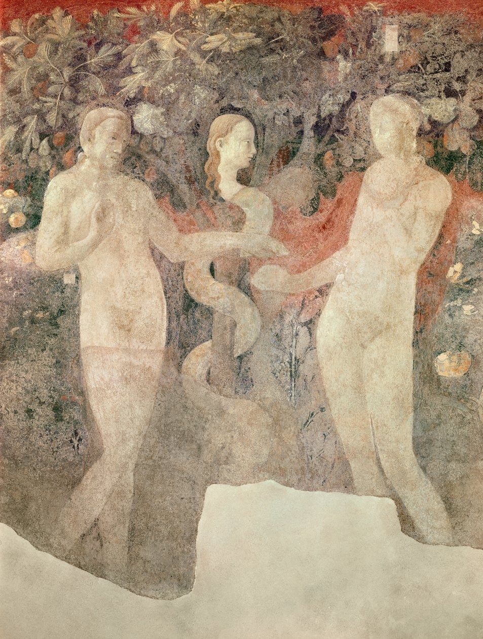 Stworzenie Ewy i grzech pierworodny (szczegół grzechu pierworodnego), 1430 (fresk przeniesiony na płótno) autorstwa Paolo Uccello