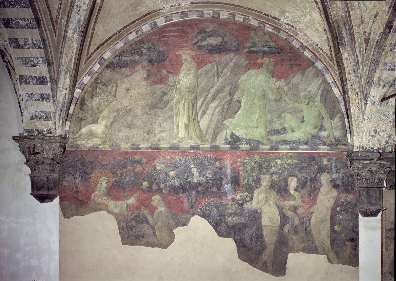 Stworzenie zwierząt i Adama (część górna) Stworzenie Ewy i grzech pierworodny (część dolna) luneta autorstwa Paolo Uccello