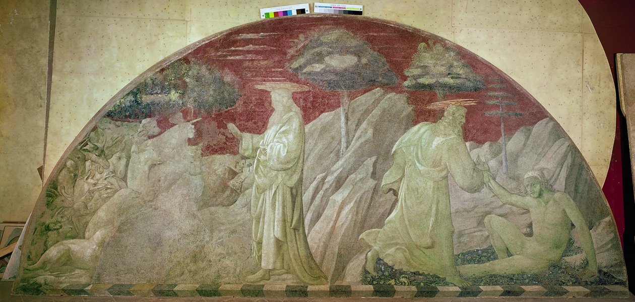 Stworzenie zwierząt i Adama, 1430 (fresk przeniesiony na płótno) autorstwa Paolo Uccello