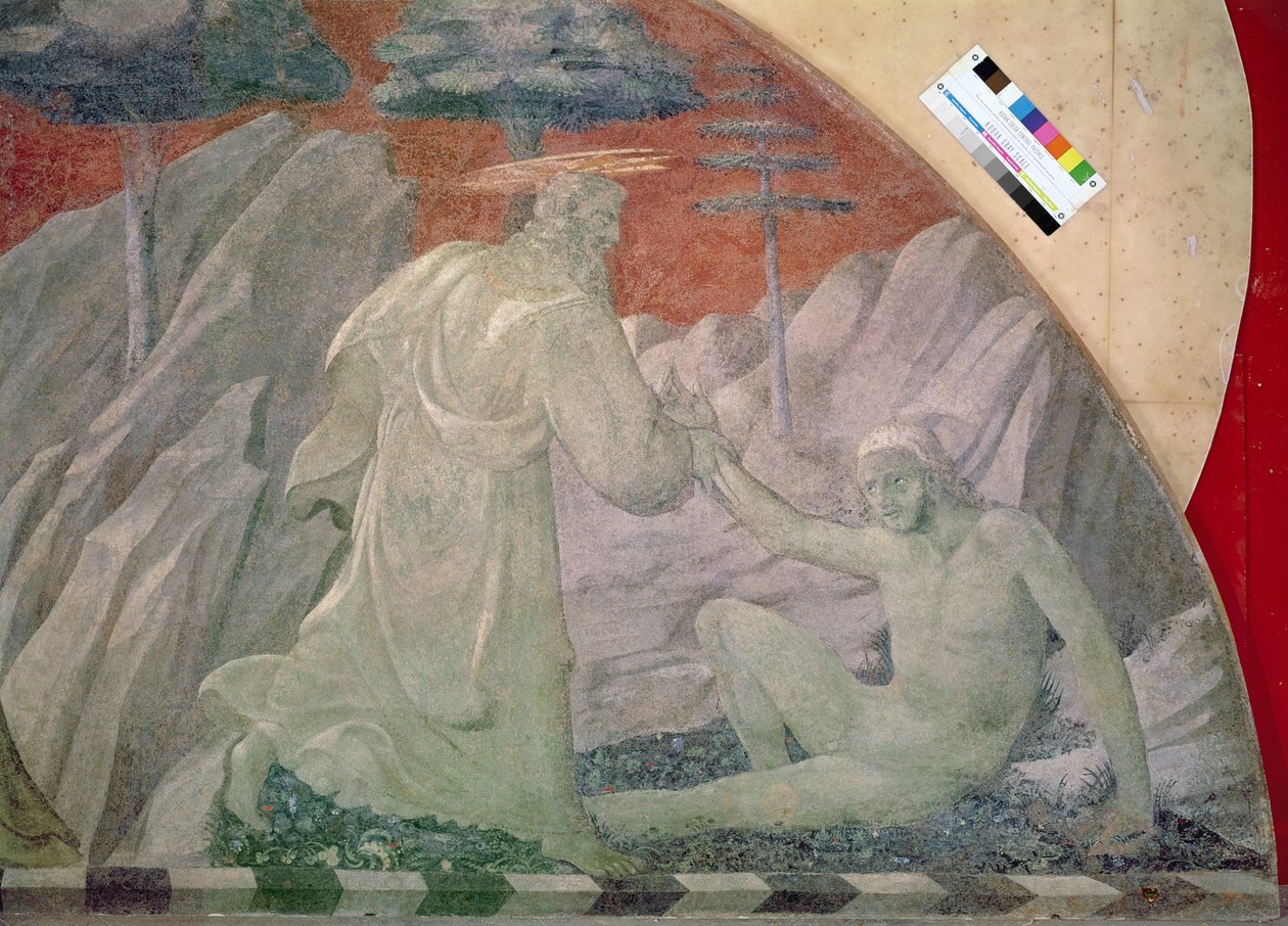 Stworzenie zwierząt i Adama szczegół stworzenia Adama, fresk z 1430 r. przeniesiony na płótno autorstwa Paolo Uccello