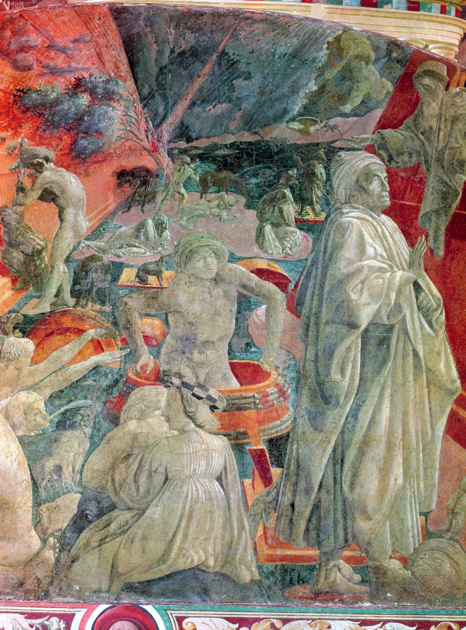 Wielki Potop i Ucieczka Wody (fragment mężczyzny w beczce i Noego), 1446-8 (fresk przeniesiony na płótno) autorstwa Paolo Uccello