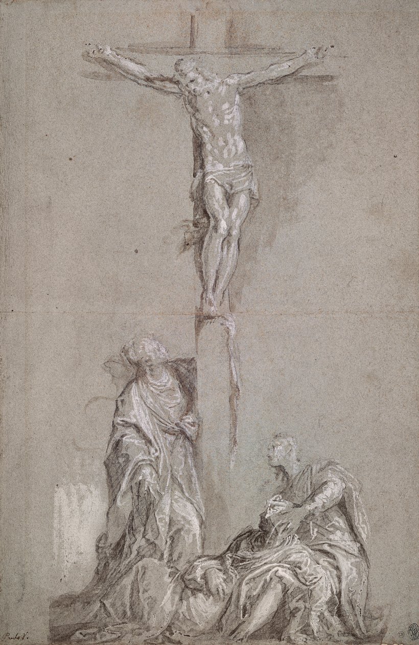 Chrystus na krzyżu (pióro i brązowe pranie na niebieskim papierze podkreślone bielą) autorstwa Paolo Veronese