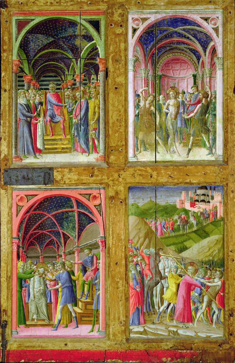 Narodziny Dziewicy i Czterech Świętych (tempera i złoty płatek na desce) autorstwa Paolo di Giovanni Fei