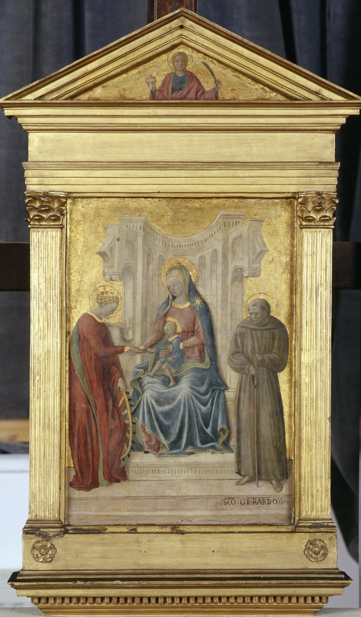 Madonna na tronie z Dzieciątkiem i świętymi Gerhardem i Katarzyną, ok. 1450 (tempera na drewnie topoli) autorstwa Paolo di Stefano Badaloni Schiavo