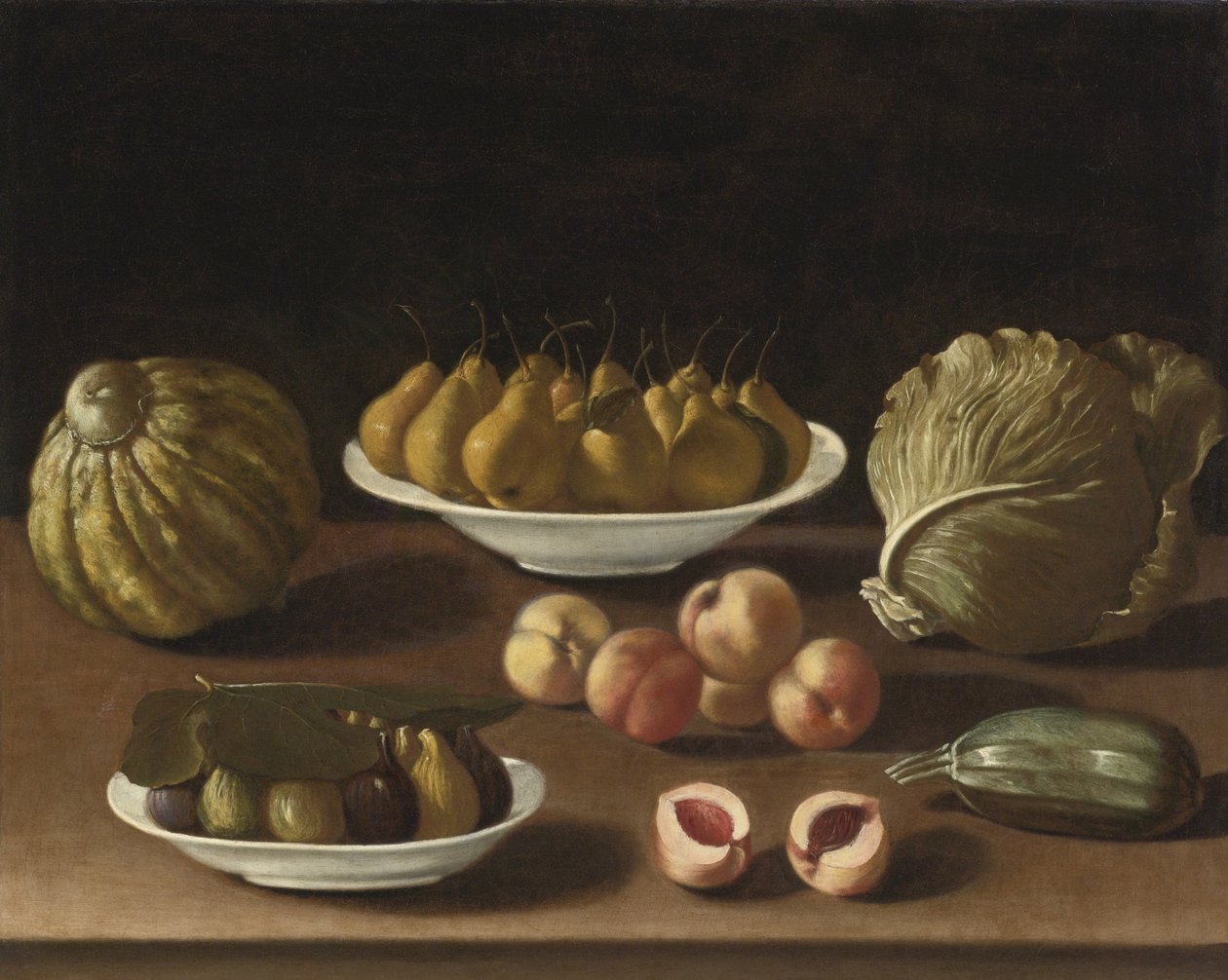 Martwa natura z gruszkami, brzoskwiniami, figami, melonem, kapustą i szpikiem autorstwa Paolo Antonio Barbieri