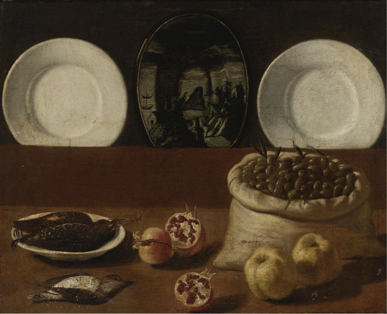 Martwa natura z talerzami, worek wypełniony oliwkami, dziczyzną, granatami i pigwą autorstwa Paolo Antonio Barbieri