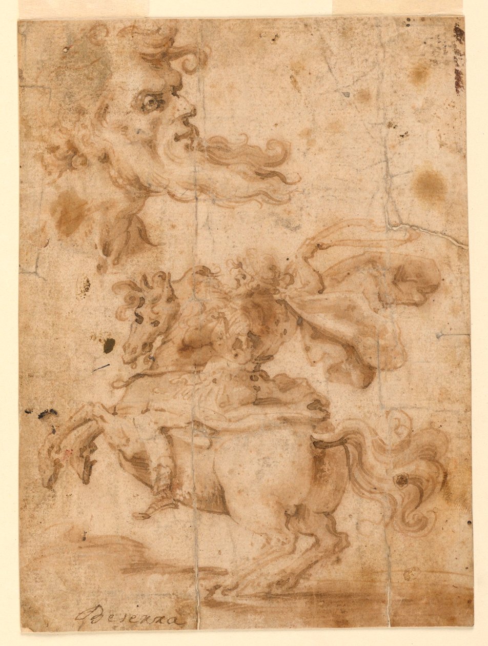 Rysunek Głowa brodatego mężczyzny, mężczyzna na koniu, ok. 1650 r. autorstwa Paolo Emilio Besenzi