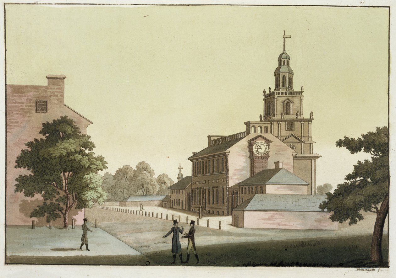 Independence Hall, Filadelfia, Pensylwania, z „Le Costume Ancien et Moderne”, tom I, płyta 41, Jules Ferrario, wydana ok. 1820-30 (kolorowa grawerunek) autorstwa Paolo Fumagalli