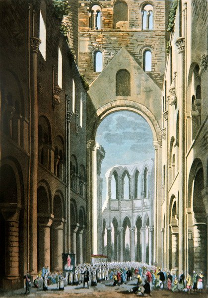 Procesja w nawie opactwa Jumieges, z „Le Costume Ancien et Moderne” Julesa Ferrario, wydana ok. 1820-30 (kolor lito) autorstwa Paolo Fumagalli
