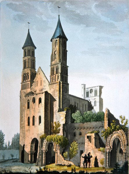 Opactwo Jumieges, z „Le Costume Ancien et Moderne” Julesa Ferrario, opublikowane ok. 1820-30 (kolor lito) autorstwa Paolo Fumagalli