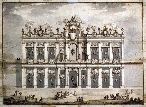 Projekt elewacji prawdopodobnie na „Festa della Chinea” z 1766 r. (pióro i brązowy tusz oraz pranie w papierze) autorstwa Paolo Posi