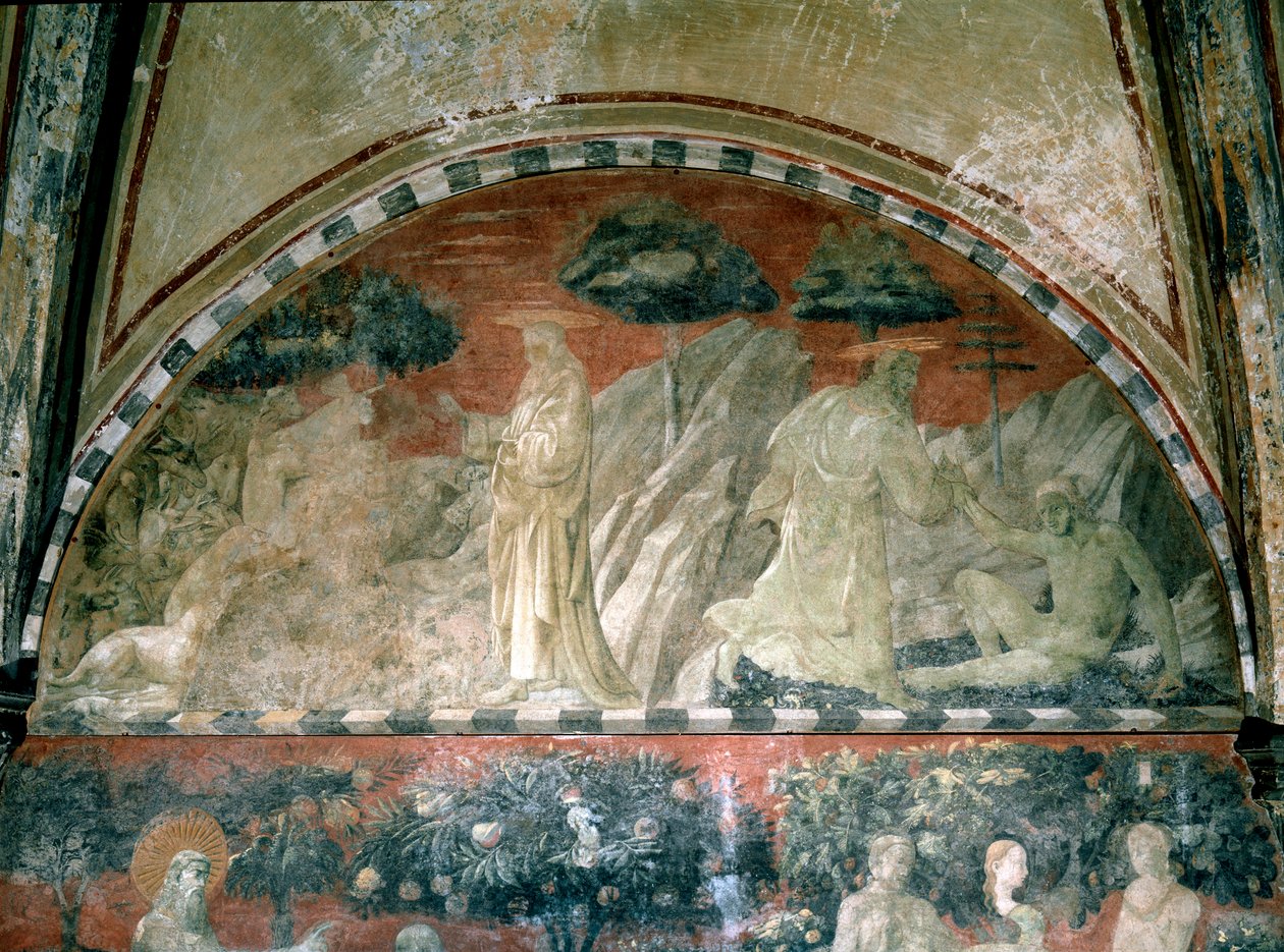 Geneza, stworzenie zwierząt i stworzenie Adama - Fresco autorstwa Paolo Uccello