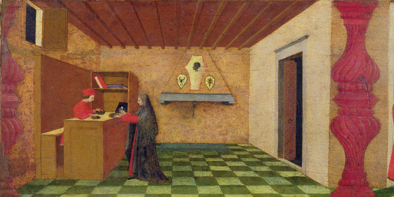 Predella profanacji hostii: chrześcijanka zmuszona przez żydowskiego lombarda do odkupienia płaszcza za cenę konsekrowanej hostii, ok. 1467-69 (tempera na desce) (fragment) autorstwa Paolo Uccello