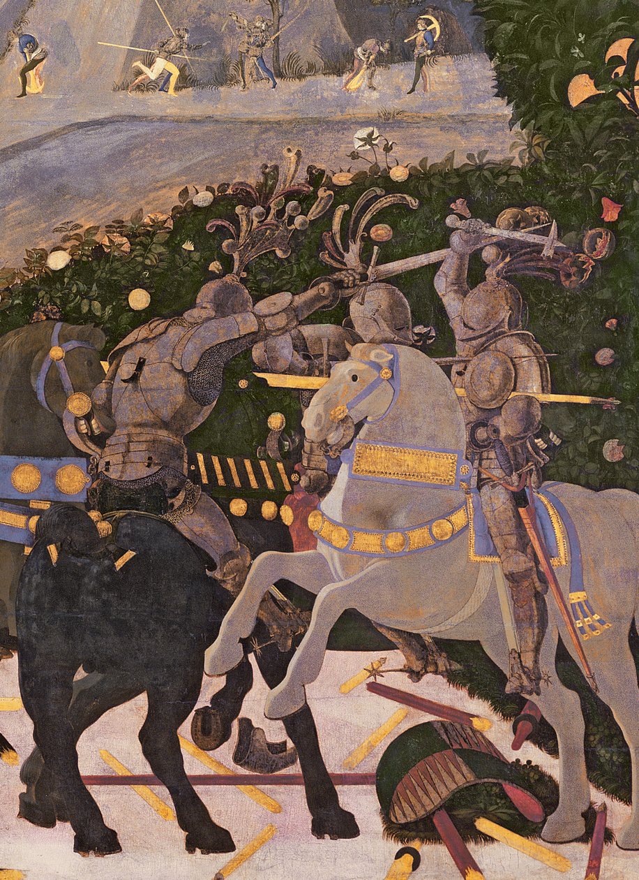 Bitwa pod San Romano, fragment dwóch kawalerzystów biorących udział w walce, ok. 1450-60 tempera na elemencie panelu z 30690 autorstwa Paolo Uccello