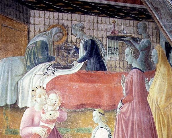 Narodziny Marii, fragment z cyklu Żywoty Marii i św. Szczepana, z Cappella dell"Assunta autorstwa Paolo Uccello