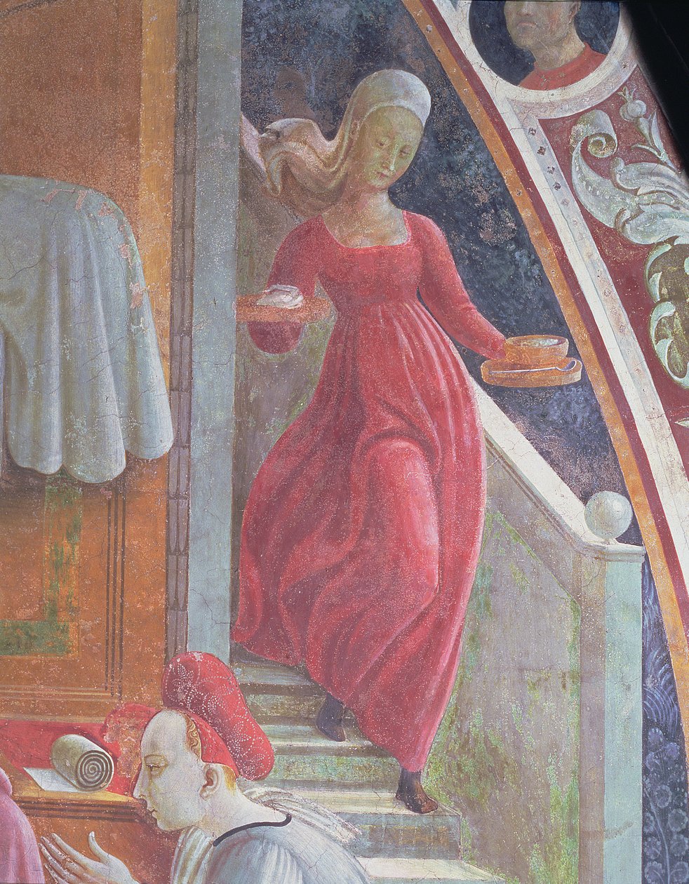 Narodziny Dziewicy, fragment służącej z cyklu fresk Żywoty Dziewicy i św. Szczepana, z Cappella dell" Assunta autorstwa Paolo Uccello