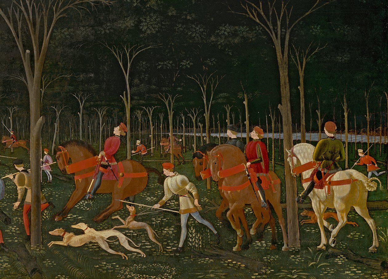 Polowanie w lesie, ok. 1465-70, olej na detalu panelu z 100861 autorstwa Paolo Uccello