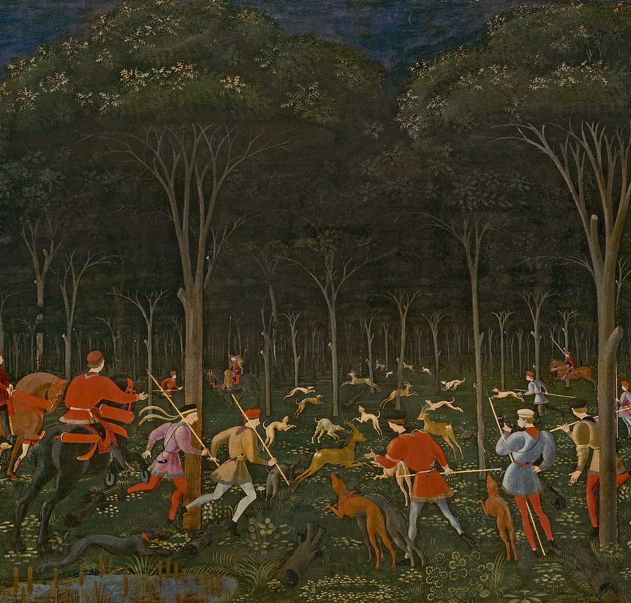 Polowanie w lesie, ok. 1465-70, olej na detalu panelu z 100861 autorstwa Paolo Uccello