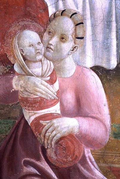 Żywoty Dziewicy i św. Szczepana, szczegół przedstawiający matkę i dziecko, z Cappella dell"Assunta autorstwa Paolo Uccello