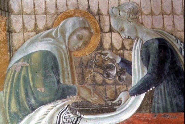 Narodzenia Najświętszej Marii Panny, szczegół przedstawiający Św. Annę myjącą ręce, z kaplicy Wniebowzięcia NMP, 1433-34 autorstwa Paolo Uccello