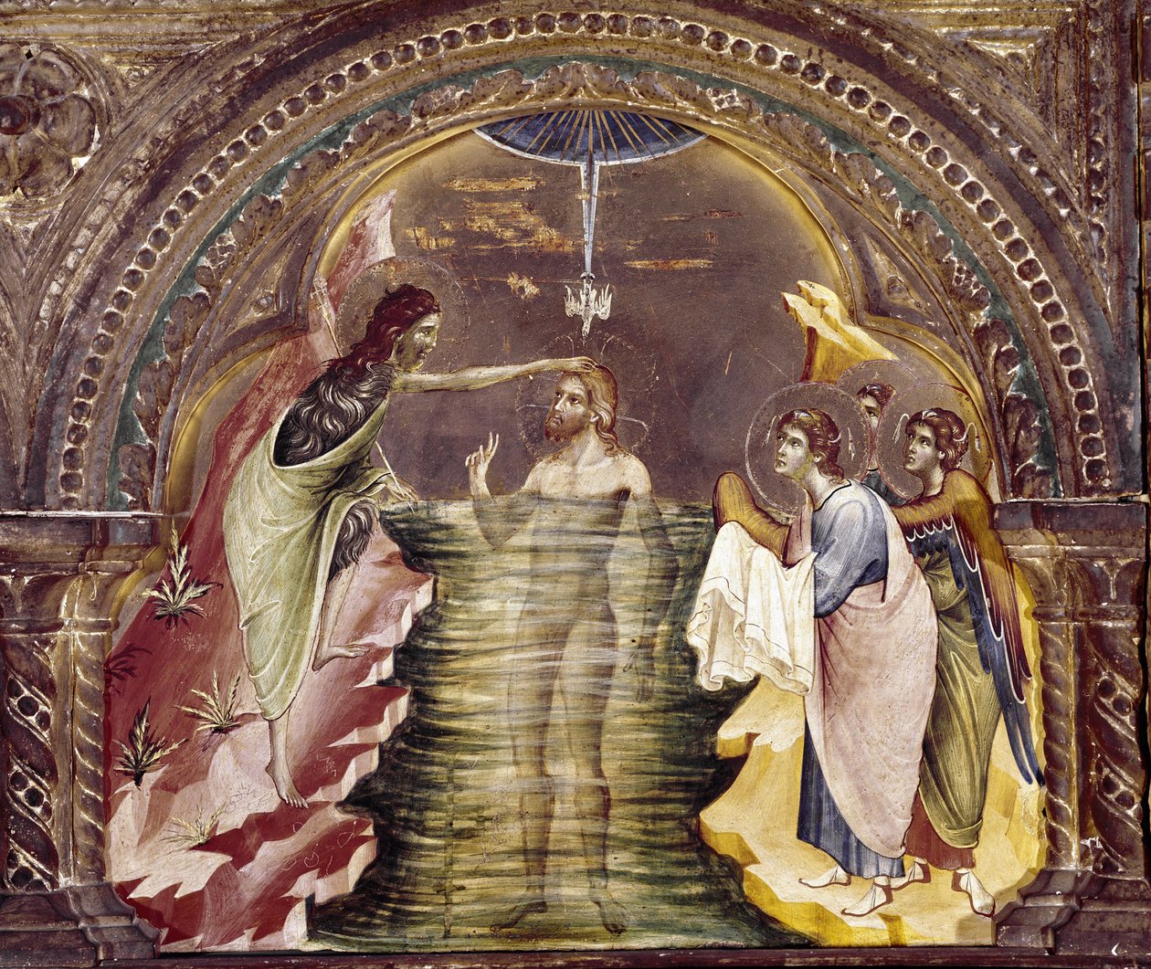 Chrzest Jezusa, fragment poliptyku Santa Chiara. (olej na drewnie, ok. 1350) autorstwa Paolo Veneziano