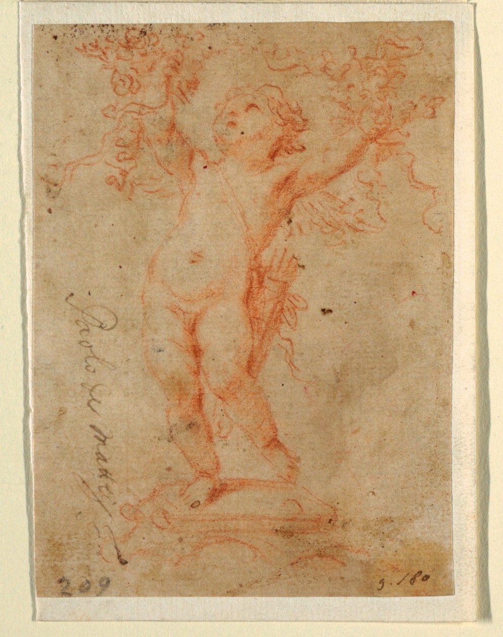 Rysunek przedstawiający Kupidyna unoszącego kiście kwiatów obiema rękami, 1710-28 autorstwa Paolo de Mattheis