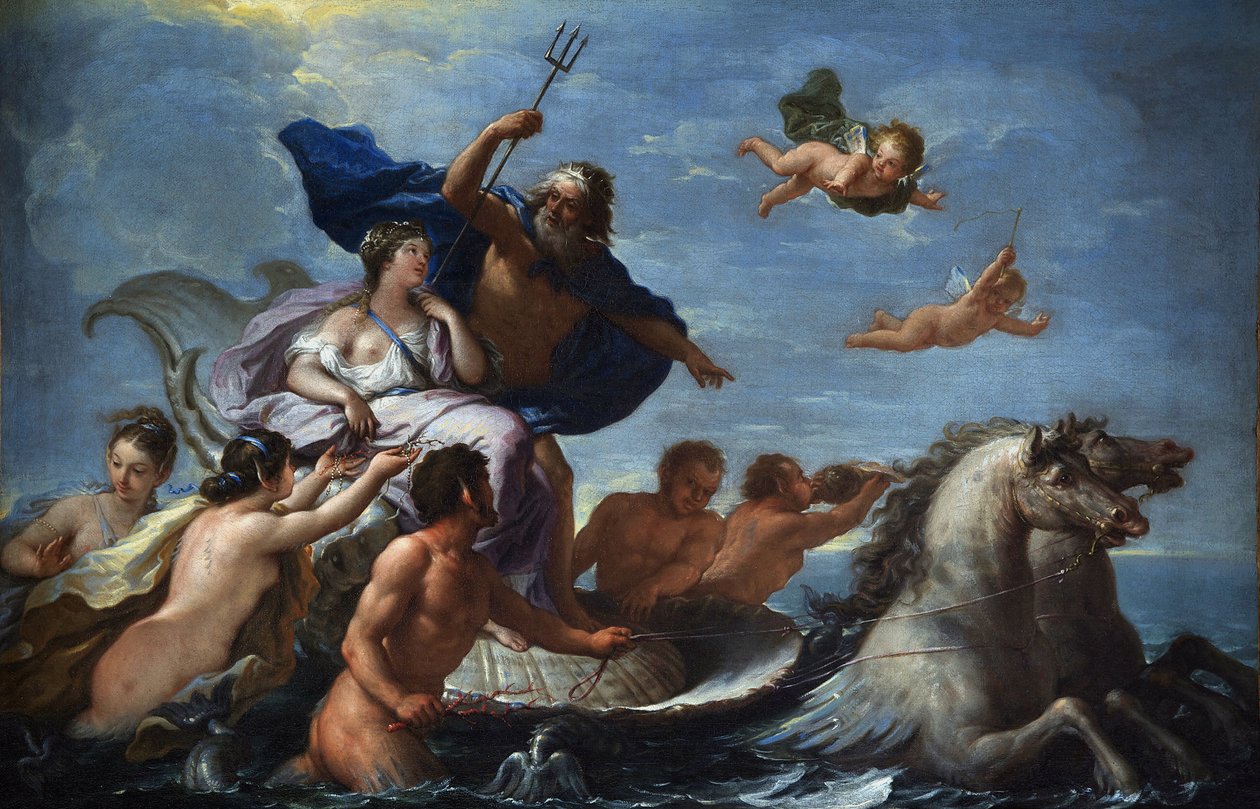 De Matteis, Paolo (1662-1728) Triumf Neptuna i Amfitryty Olej na płótnie Barokowe Włochy, Szkoła w Neapolu Villa Margherita, Bordighera 51x76 Malarstwo autorstwa Paolo di Matteis