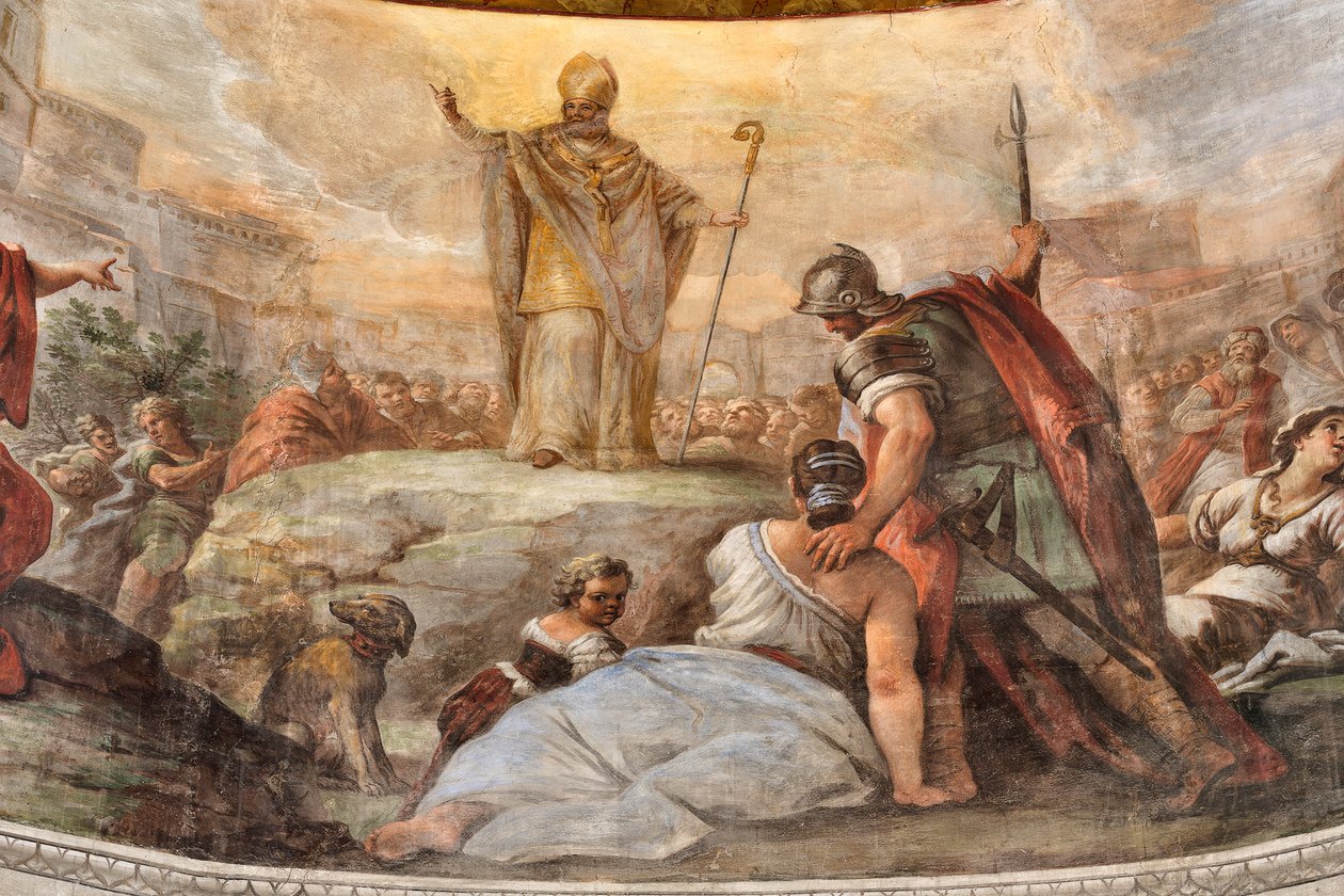 Freski Paolo de Matteis z 1714 r. na sklepieniu i na bębnie, przedstawiające życie świętego, kaplica San Cataldo w katedrze, Taranto, Włochy (zdjęcie) autorstwa Paolo di Matteis