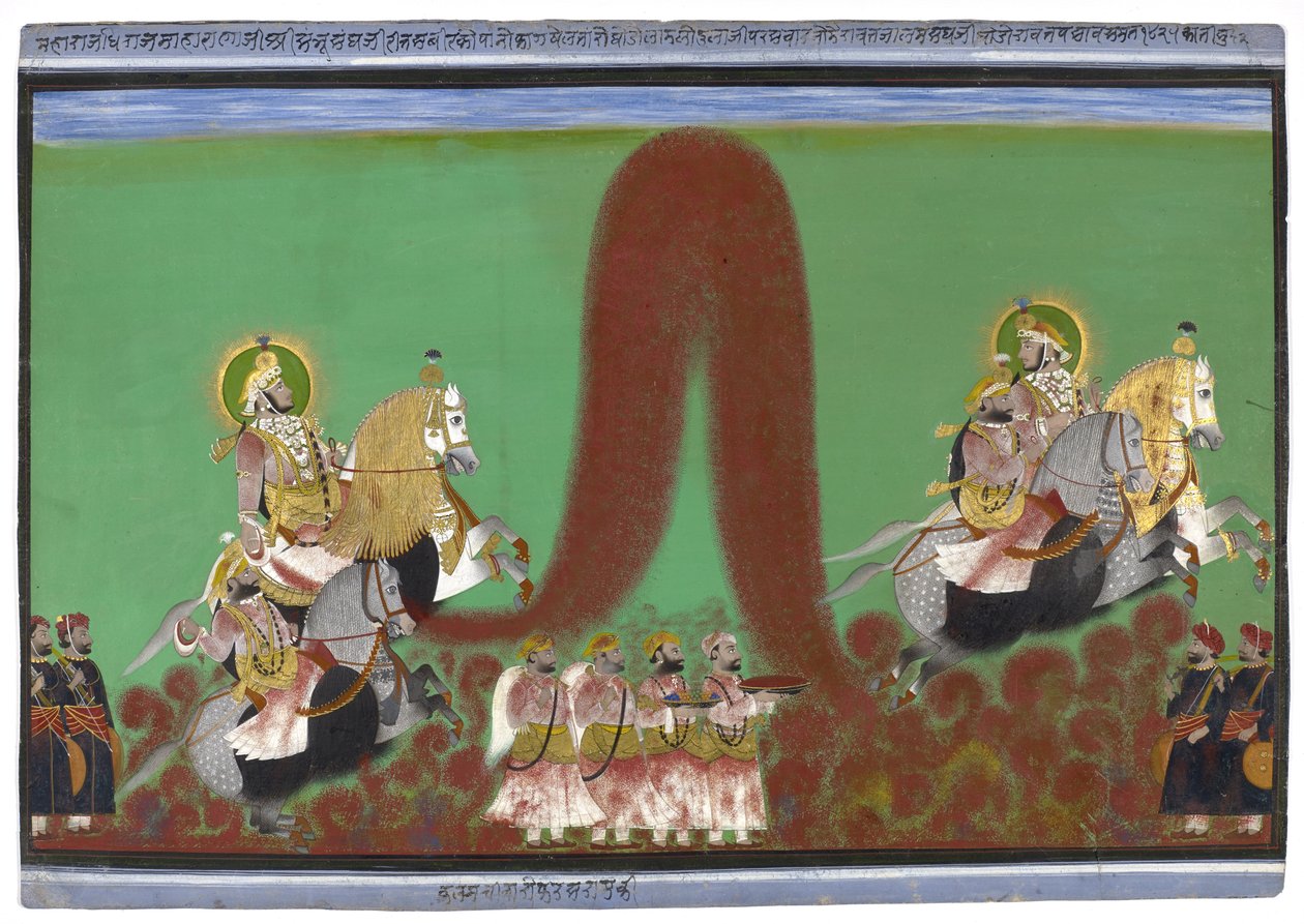 Maharana Shambhu Singh z Mewar Playing Holi, 1868-69 (gwasz ze złotem na papierze) autorstwa Parasuram Parasuram