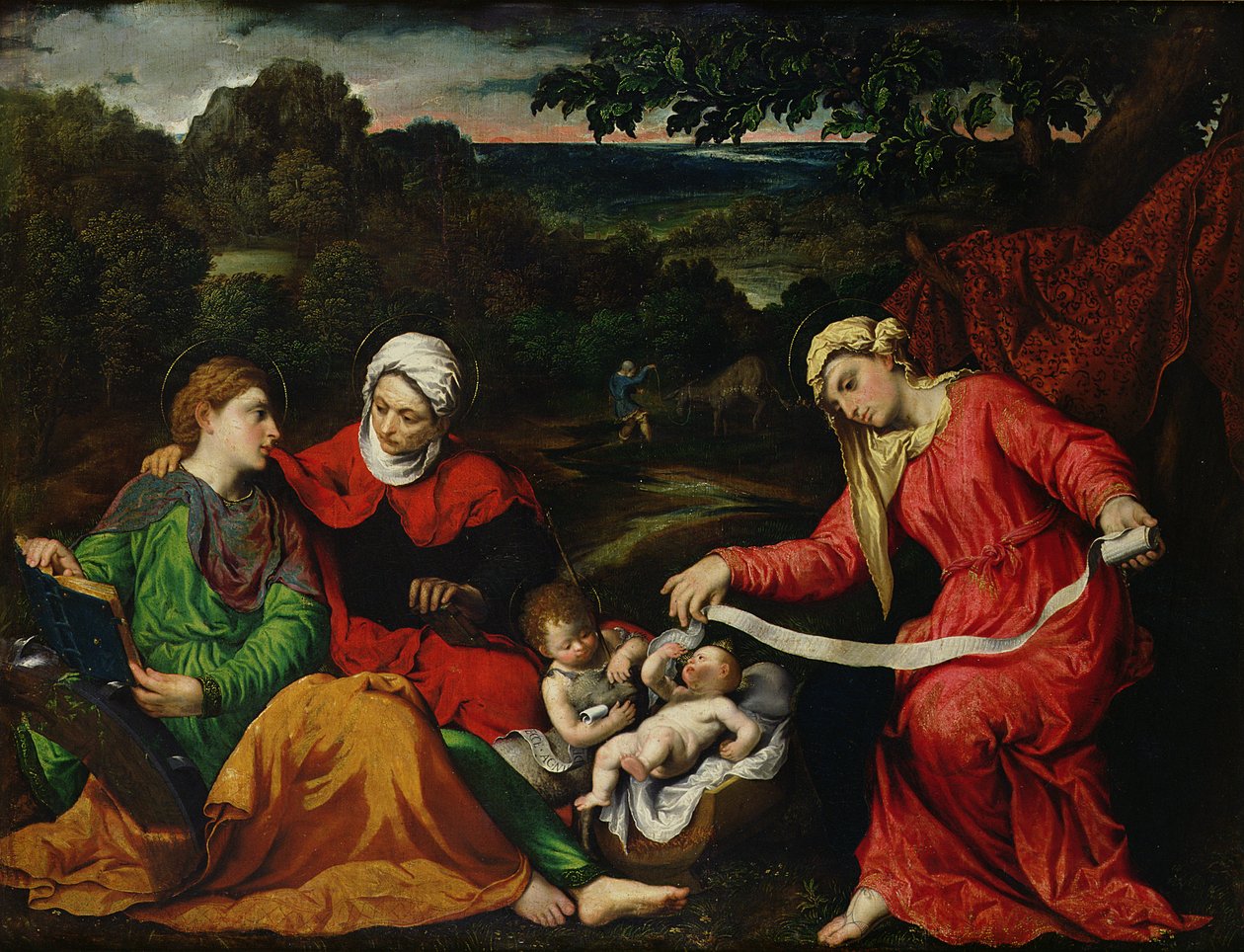 Odpocznij w ucieczce do Egiptu ze św. Janem Chrzcicielem, św. Elżbietą i św. Katarzyną ok. 1545 r. autorstwa Paris Bordone