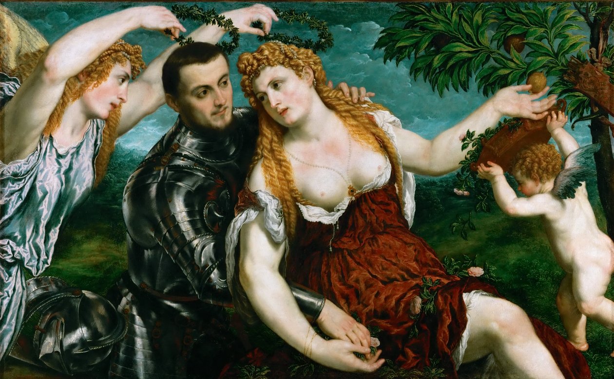 niemiecki: Allegorie (Mars, Venus, Victoria und Cupido) Alegoria (Mars, Wenus, Victoria i Cupido) autorstwa Paris Bordone