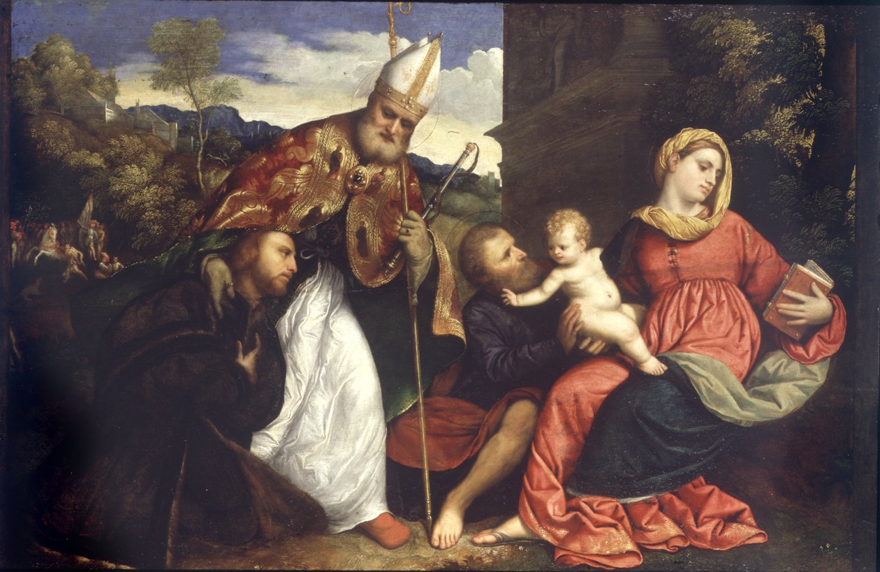 Święta Rodzina ze św. Ambrożym przedstawiającym darczyńcę, ok. 1525 (olej na desce) autorstwa Paris Bordone