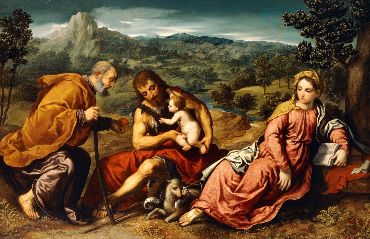 Święta Rodzina ze św. Janem Chrzcicielem w pejzażu, 1545-50 autorstwa Paris Bordone