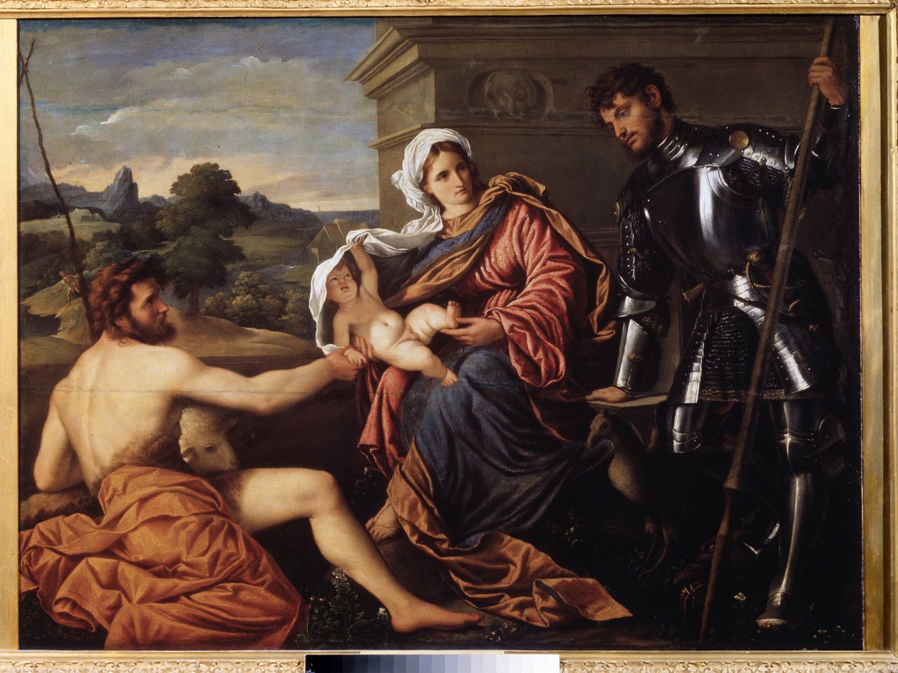„Madonna z Dzieciątkiem, św. Jan Chrzciciel i św. Jerzy” (Madonna z Dzieciątkiem, św. Jan Chrzciciel i św. Jerzy) Obraz Paris Bordon lub Bordone (1500-1571) ok. 1530 Muzeum Pouchkine, Moskwa autorstwa Paris Bordone