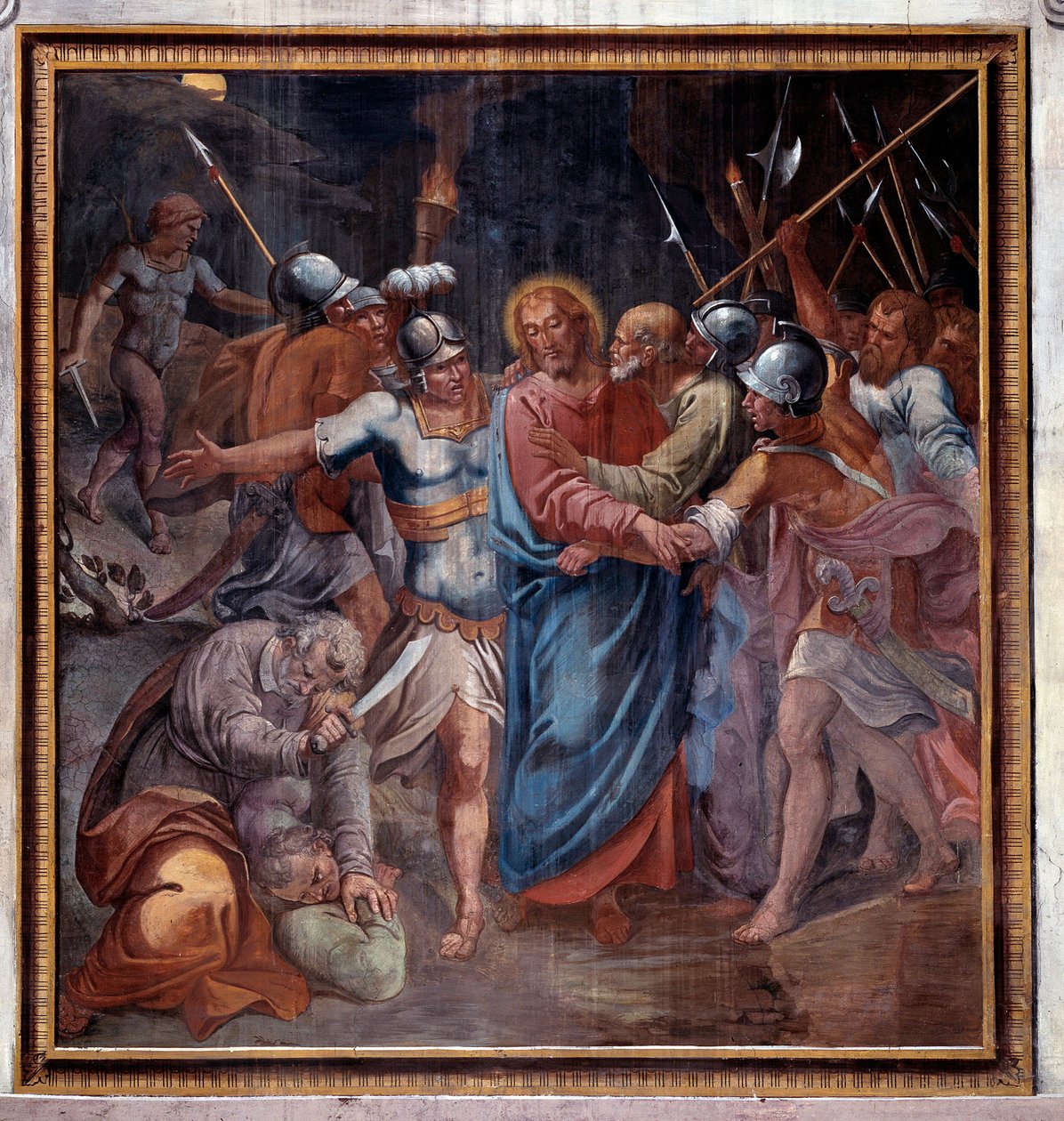 Życie Chrystusa: „”pocałunek Judasza i pojmanie Chrystusa”” (Pasja Chrystusa, pocałunek Judasza i pojmanie Jezusa) Fresk Paris Nogari (1536-1601) 1594-1600 Rzym Kościół Santa Prassede (Santa Prassede) Włochy autorstwa Paris Nogari