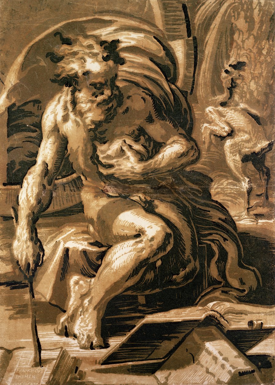 Diogenes, sztychowany przez Ugo da Carpi (147080-1532) (drzewo światłocieniowe) autorstwa Parmigianino