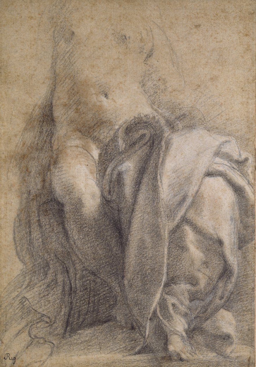 Recto: Siedząca półnaga kobieta w draperii (czarne i białe kredy na papierze) autorstwa Parmigianino