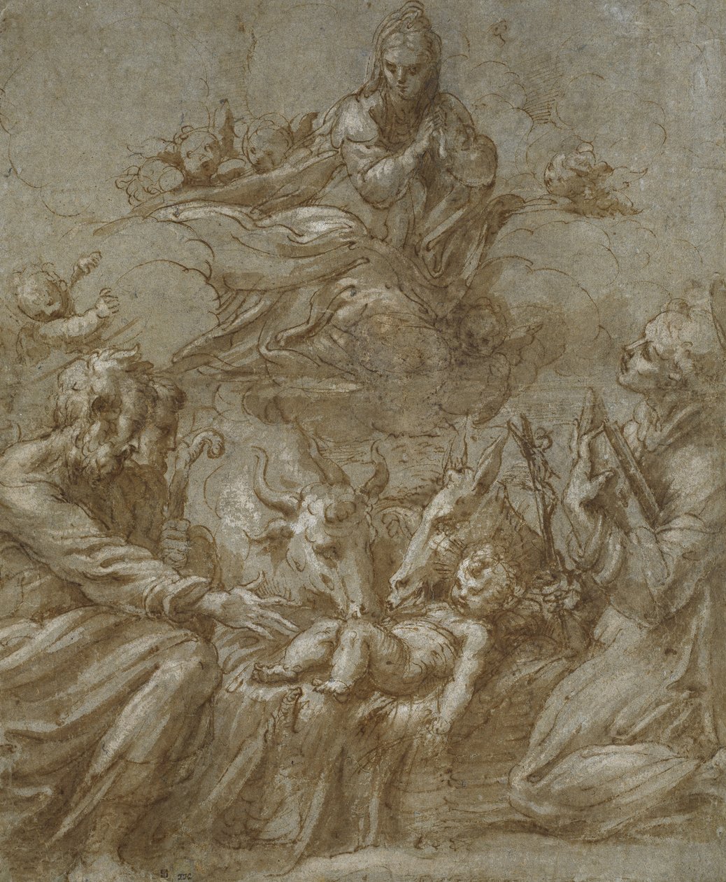 Narodzenie Chrystusa (pióro i brązowy tusz przemyty szarością i podkreślony białym bodykolorem na niebiesko-szarym papierze) autorstwa Parmigianino