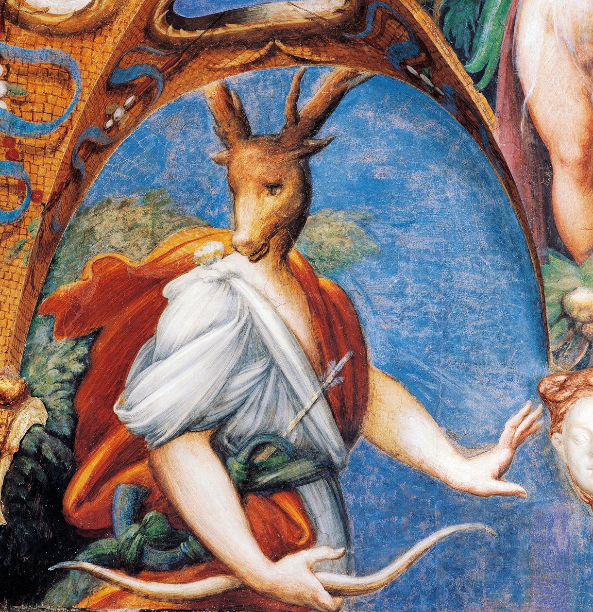 Transformacja Akteona w jelenia, z mitu o Dianie i Akteonie, ok. 1524, Francesco Mazzola znanego jako Parmigianino (1503-1540), fresk, Pokój Diany i Akteona, Rocca Sanvitale, Fontanellato, niedaleko Parmy, Emilia-Romania, Włochy autorstwa Parmigianino