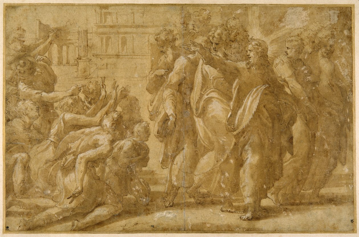 Chrystus z uczniami uzdrawiający trędowatych (pióro, tusz, mydło i farba do ciała na papierze) autorstwa Parmigianino (1503 40)
