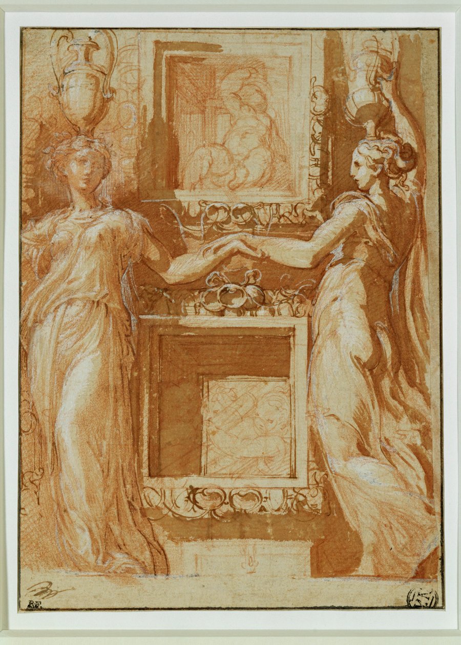 Dwóch kanephorów trzymających się za ręce po obu stronach kesonów ... autorstwa Parmigianino (1503-40)