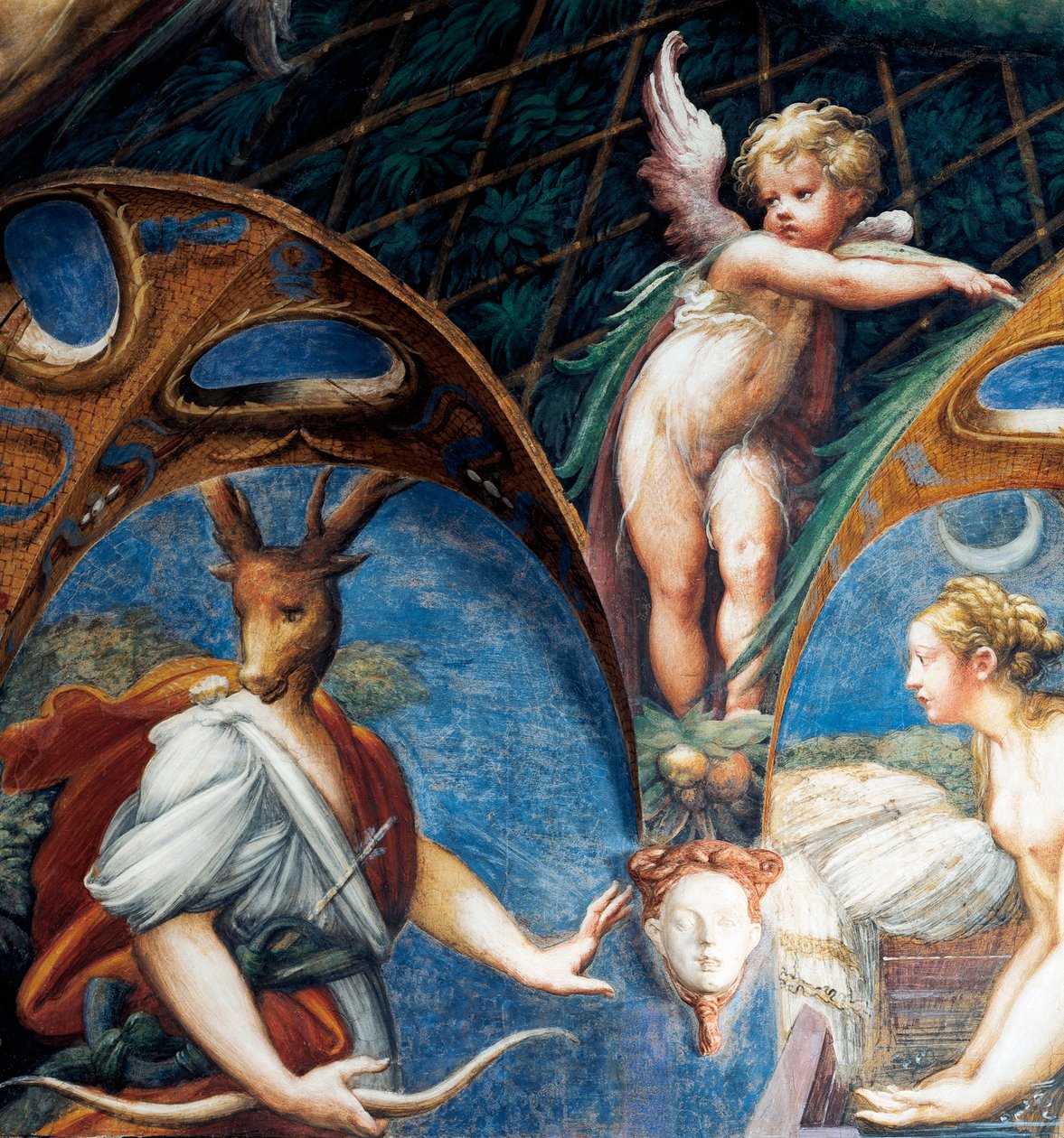Diana zamieniająca Akteona w jelenia, detal z Mitu o Dianie i Akteonie, ok. 1524, autorstwa Francesco Mazzola, znanego jako Parmigianino (1503-1540), fresk, Pokój Diany i Akteona, Rocca Sanvitale, Fontanellato, niedaleko Parmy, Emilia-Romania, Włochy autorstwa Parmigianino