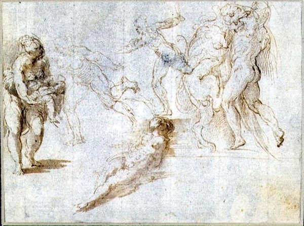 Badania figury: Kobieta trzymająca dziecko; Człowiek ścigany przez innego; Naga kobieta leżąc na ziemi; Hercules and the Nemean Lion (brązowy tusz i pranie na papierze) autorstwa Parmigianino