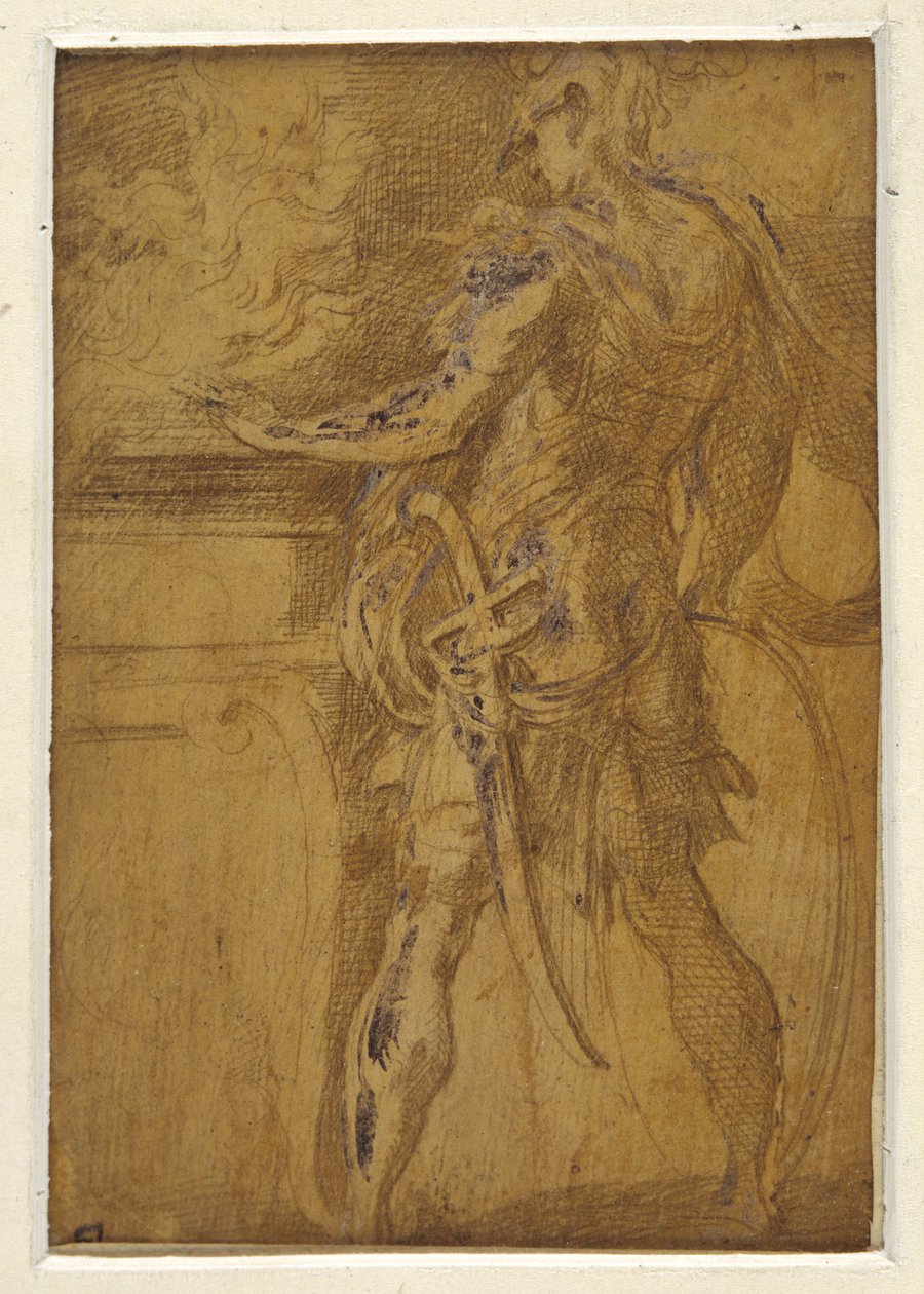 Mucius Scaevola wbijający rękę w płomienie (metalowy szpic na żółtawym podłożu, dotknięty białym kolorem ciała na papierze) autorstwa Parmigianino (1503 40)