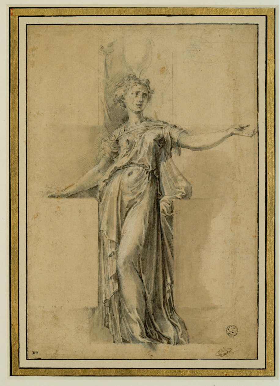 Kanephore. Brązowy tusz, czarny kamień, gwasz na beżowym papierze ... autorstwa Parmigianino (1503-40)